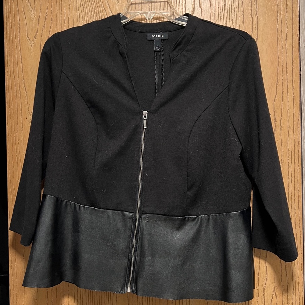 Torrid black peplum jacket with 3/4 sleeves and faux leather detail, size 1
